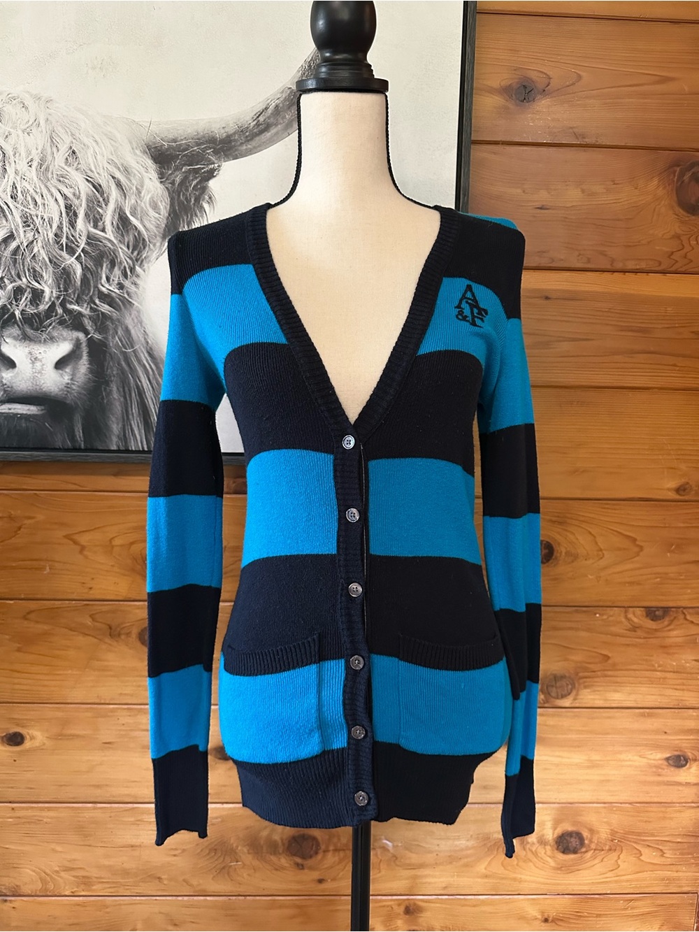 Abercrombie & Fitch Black and Blue Wide-Striped V-Neck Cardigan